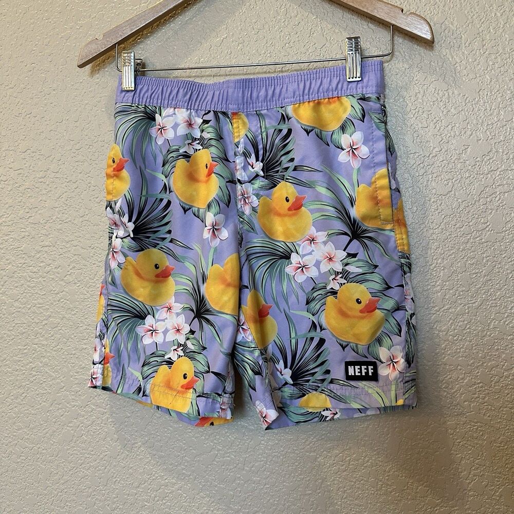 NEFF Ducky Floral Mens Volley Shorts Size Small Swim Trunks‎ Purple Rubber Duck
